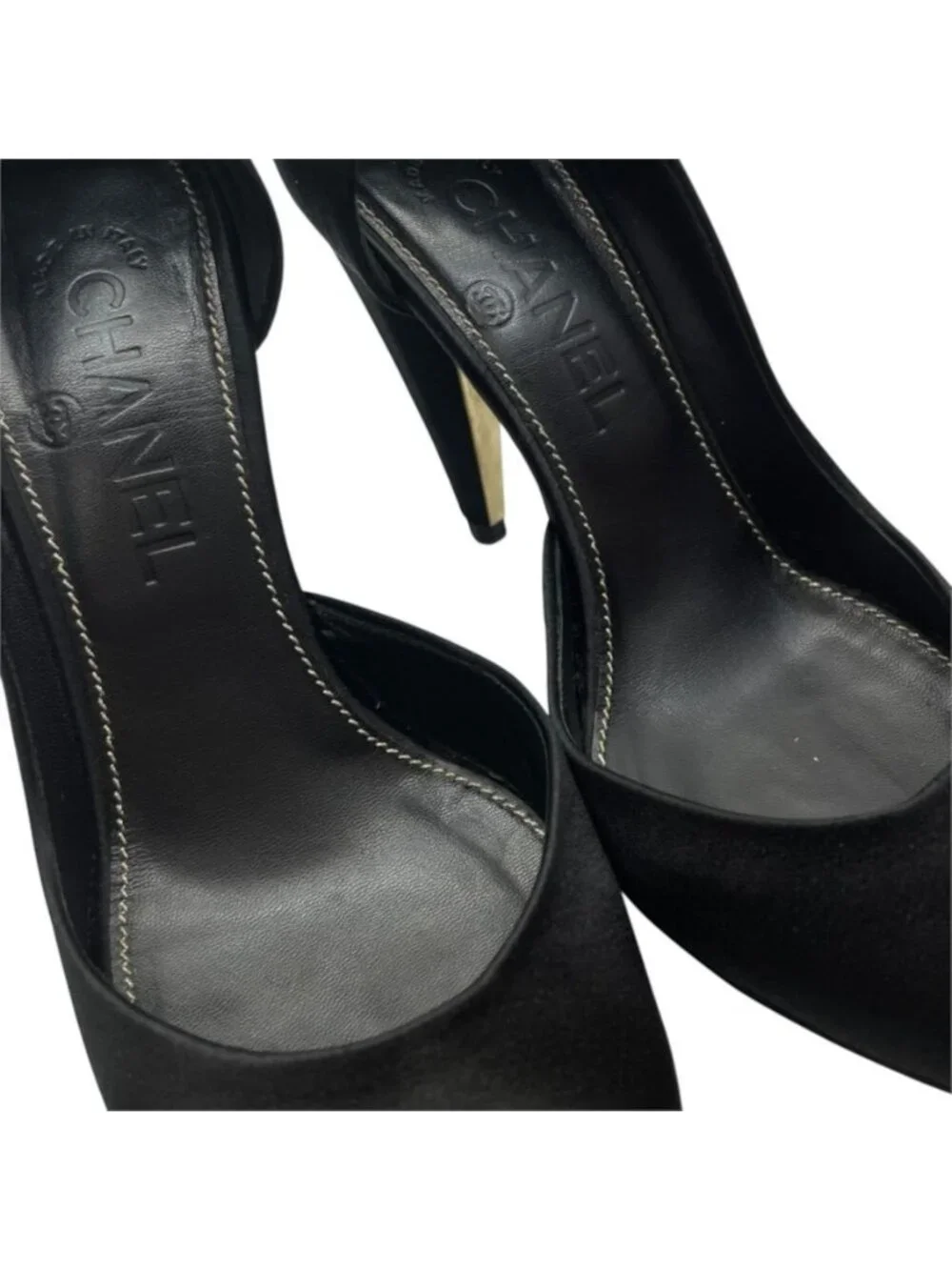 Chanel Pumps High Heels Open Toe Satin Leather Black Gold Shoes Casual